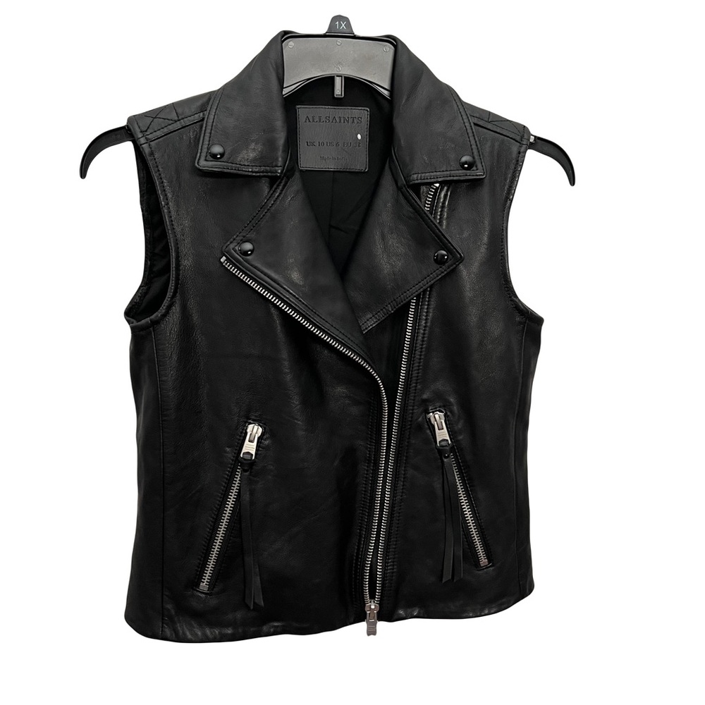 All Saints Womens Dalby Slim Fit Leather Biker Jacket Size 6 Black Sleeveless